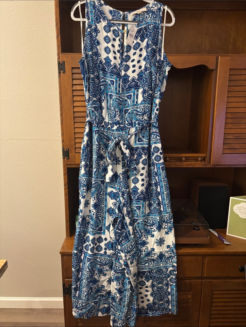 LOFT Blue and White Paisley Tie-Waist Jumpsuit